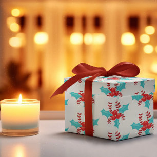 Aqua and Red Holiday Berries Pattern Wrapping Paper