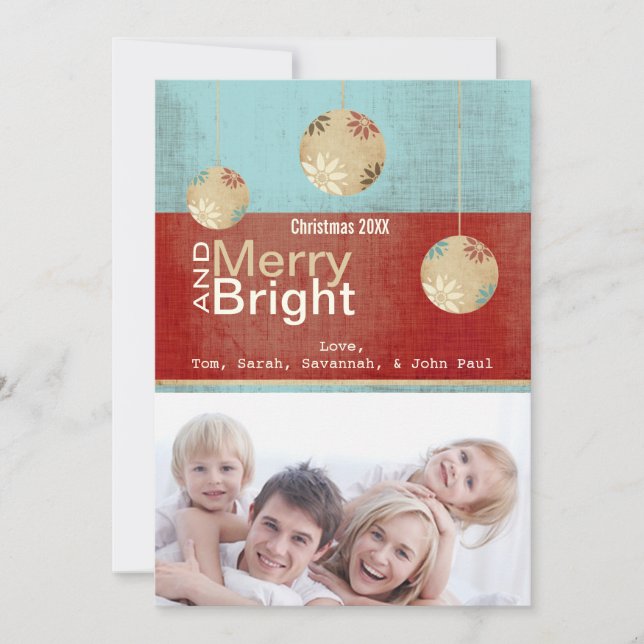 Aqua and Red Merry and Bright Family Photo Card (Front)