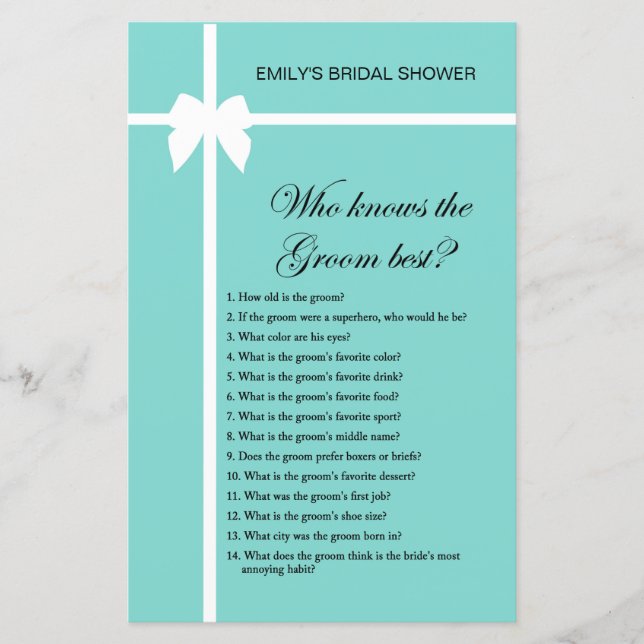 Aqua and Ribbon Bridal Shower Game PRINTED (Front)