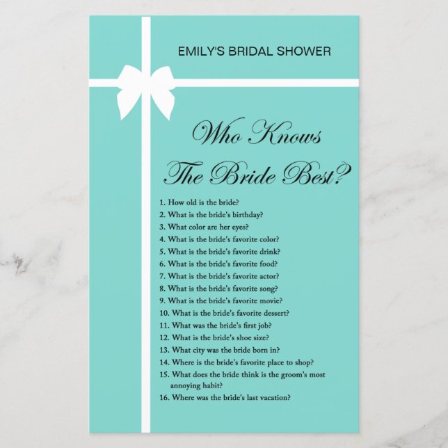 Aqua and Ribbon Bridal Shower Game PRINTED (Front)