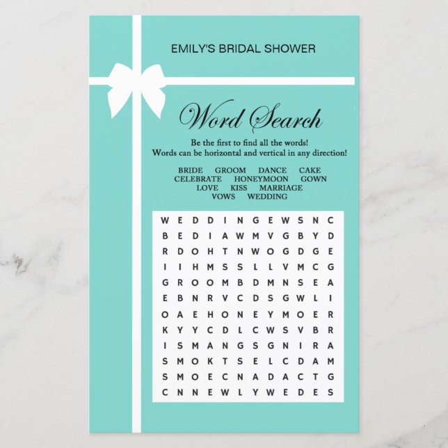 Aqua and Ribbon Bridal Shower Game PRINTED (Front)