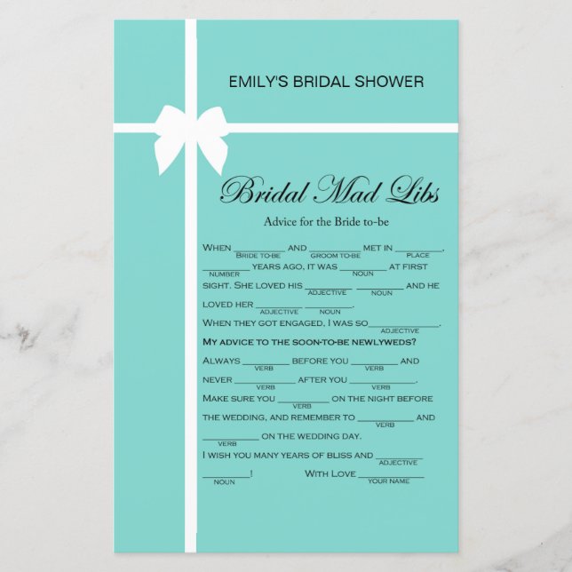 Aqua and Ribbon Bridal Shower Game PRINTED (Front)