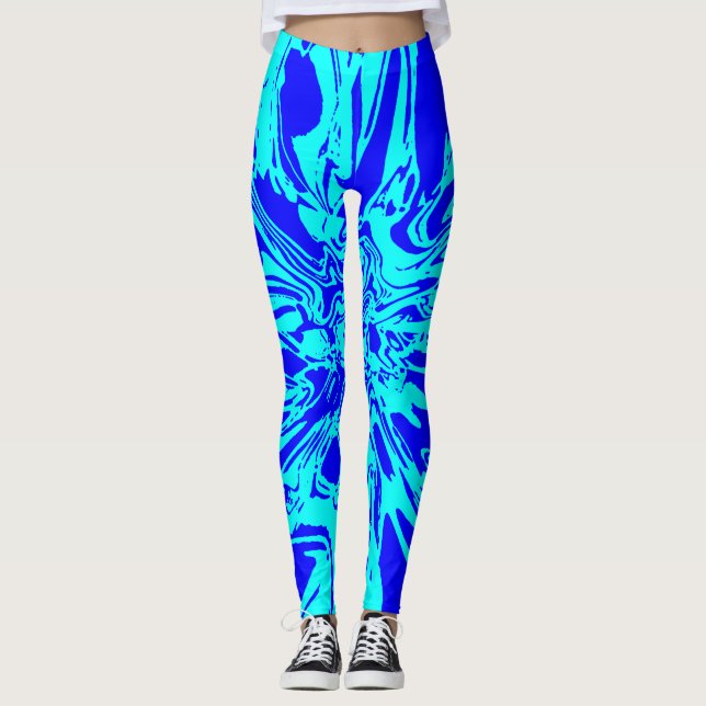 Aqua and Royal Blue Psychedelic Flower Leggings (Front)