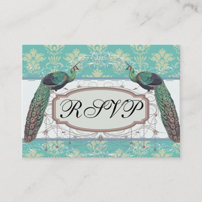 aqua and sage lovely peacock damask pattern enclosure card (Front)