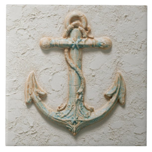 Aqua and Sand Coastal Anchor Art Ceramic Tile