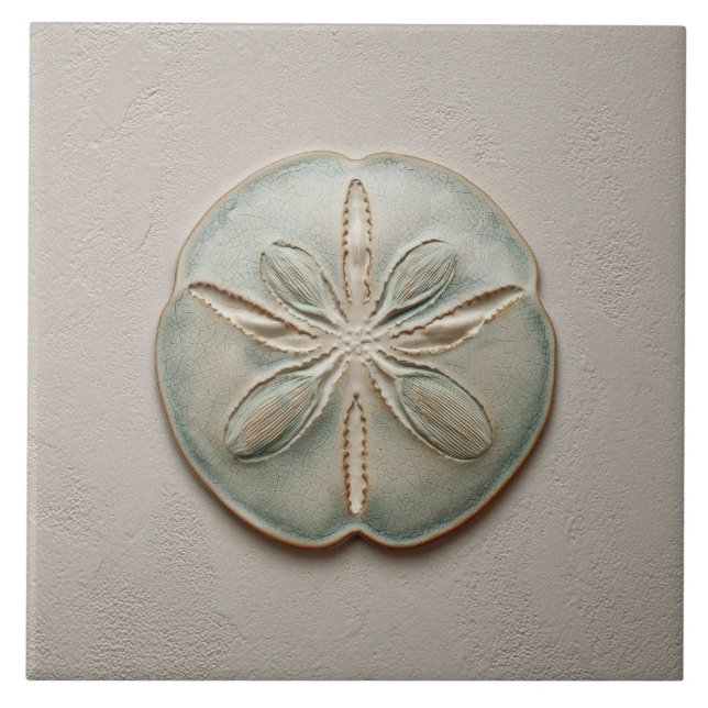 Aqua and Sand Coastal Sand Dollar Relief Artwork Ceramic Tile (Front)