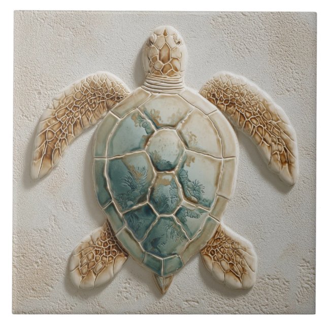 Aqua and Sand Coastal Sea Turtle Art Ceramic Tile (Front)