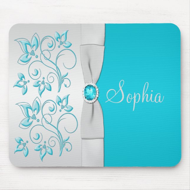 Aqua and Silver Floral Mousepad (Front)