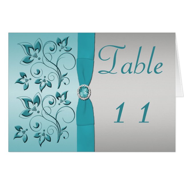 Aqua and Silver Floral Table Number Card (Front Horizontal)
