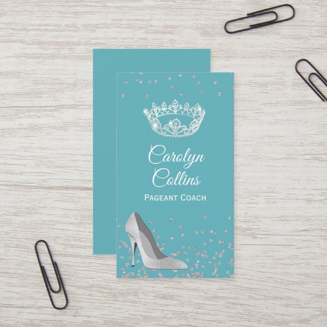 Aqua and Silver Pageant Coach Business Card (Front/Back In Situ)