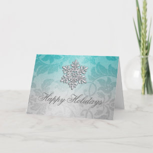 Aqua and Silver Shimmer Damask Holiday Card