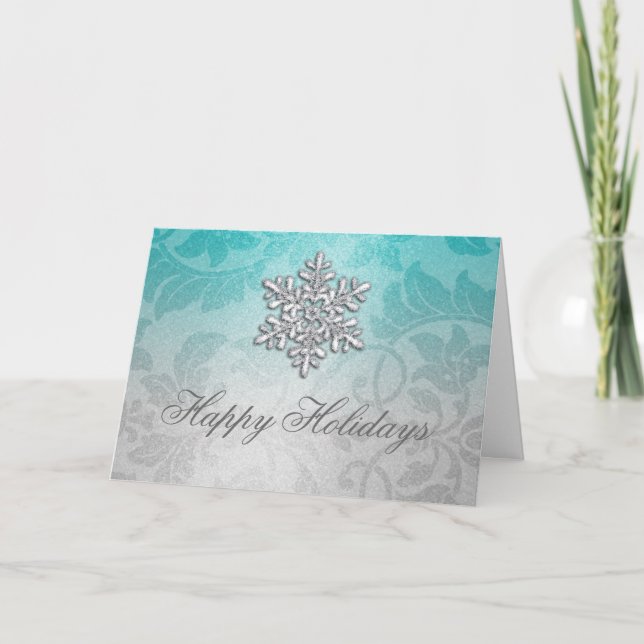 Aqua and Silver Shimmer Damask Holiday Card (Front)