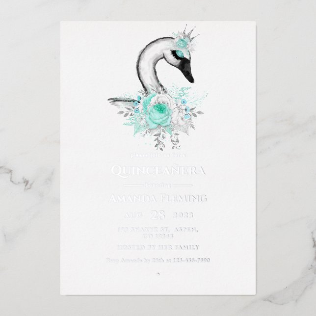 Aqua and Silver Swan Quinceañera Foil Invitation (Front)