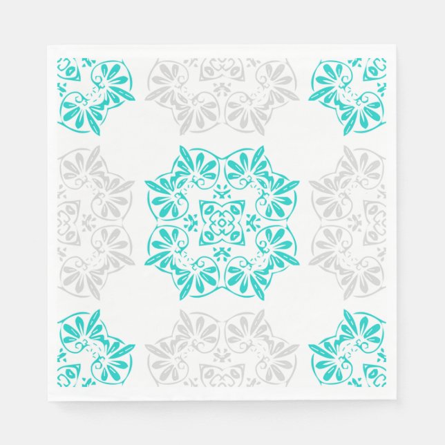 Aqua and Soft Grey Fancy Pattern Paper Napkins (Front)