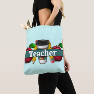 aqua and Teal Apples and Pencils Teachers Tote Bag