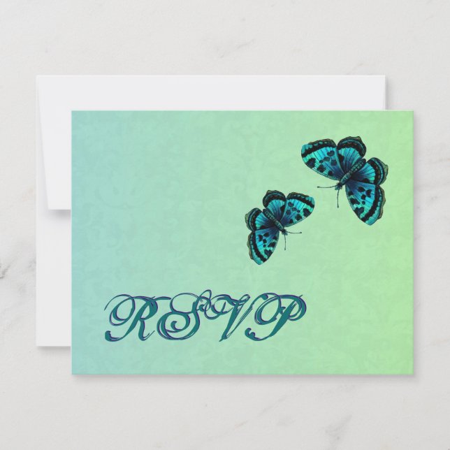 Aqua and Teal Butterfly Damask RSVP Wedding Card (Front)