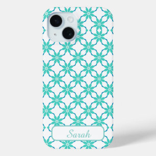Aqua and Teal Geometric Floral Personalised Name iPhone 15 Case