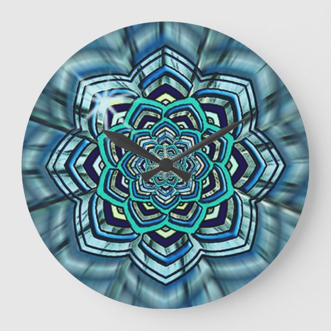 Aqua and Turquoise Lotus Mandala Wall Clock (Front)