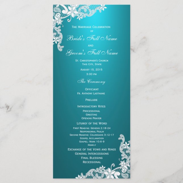 Aqua and Vintage Floral Lace Wedding Program (Front)
