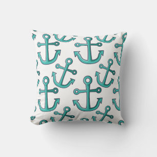 Aqua and White Anchors Nautical Cushion