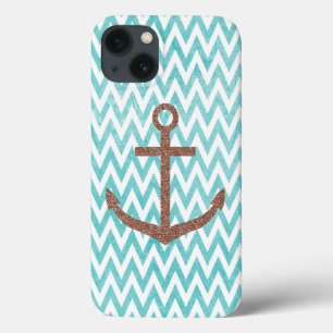 Aqua and White Chevron Glitter Anchor iPhone 13 Case