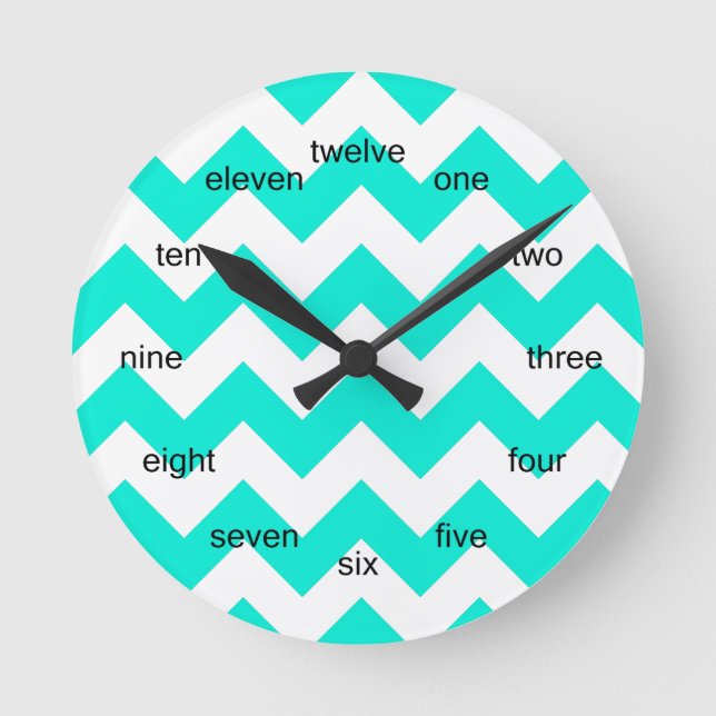 Aqua and White Chevron Pattern Round Clock (Front)