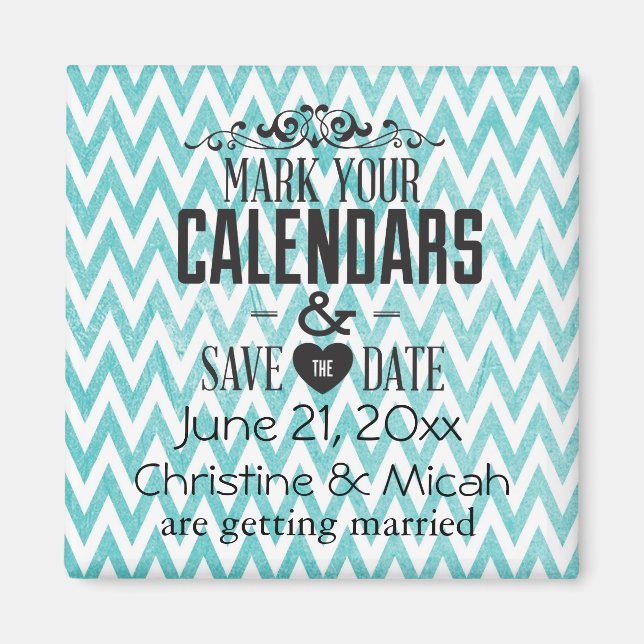 Aqua and White Chevron Save the Date Magnet (Front)