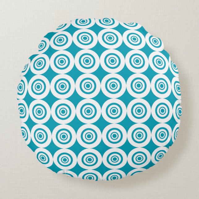 Aqua and White Concentric Circles Pattern Round Cushion (Front)