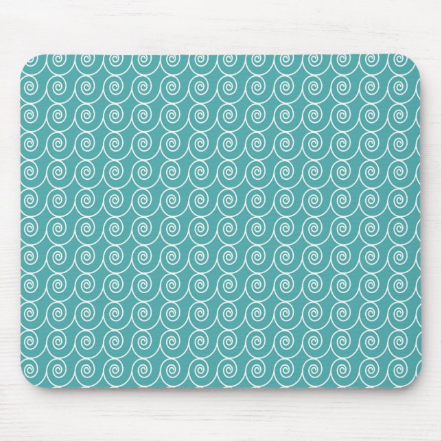 Aqua and White Curlie Cue Pattern Mouse Pad (Front)