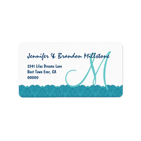 Aqua and White Damask Monogram Lace Border Wedding Address Label