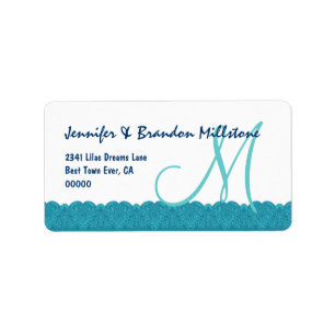Aqua and White Damask Monogram Lace Border Wedding Label