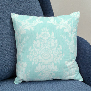 Aqua and white floral damask cushion