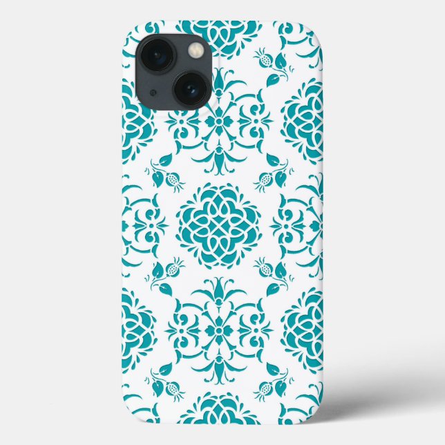 Aqua and White Floral Damask Pattern Case-Mate iPhone Case (Back)