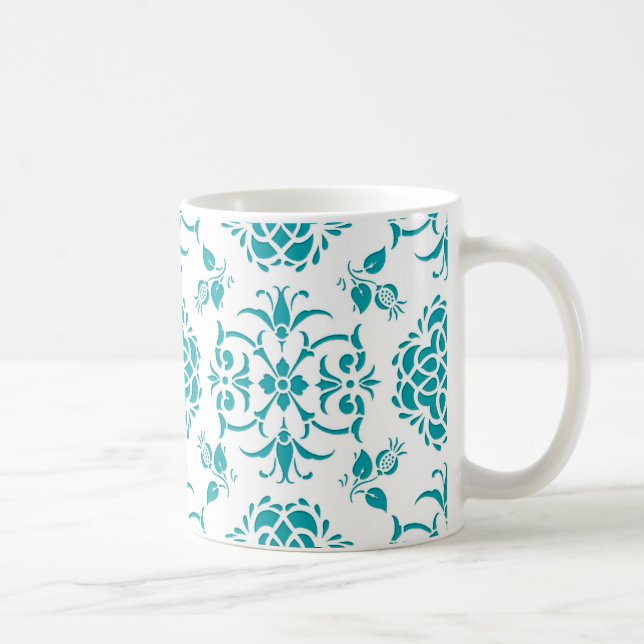 Aqua and White Floral Damask Pattern Coffee Mug (Right)
