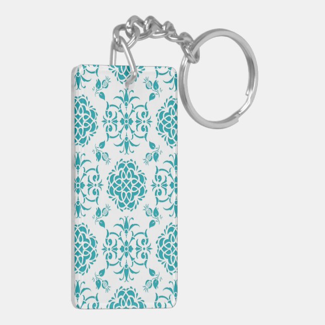 Aqua and White Floral Damask Pattern Key Ring (Back Left)