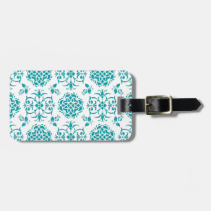 Aqua and White Floral Damask Pattern Luggage Tag