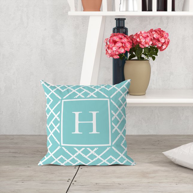 Aqua and White Geometric Bamboo Lattice Monogram Cushion (Creator Uploaded)