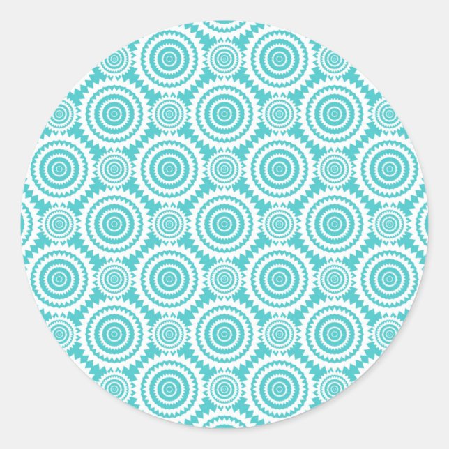 Aqua and White Geometric Pattern Classic Round Sticker (Front)