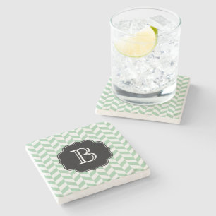 Aqua and White Herringbone Chevron Pattern Stone Coaster