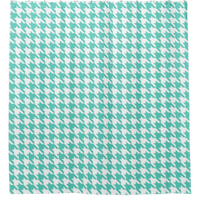 Aqua and White Houndstooth Pattern Shower Curtain (Front)