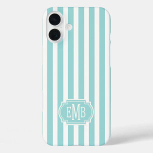 Aqua and White Monogrammed Stripes iPhone 16 Plus Case