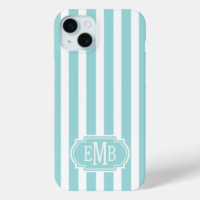 Aqua and White Monogrammed Stripes Case-Mate iPhone Case (Back)