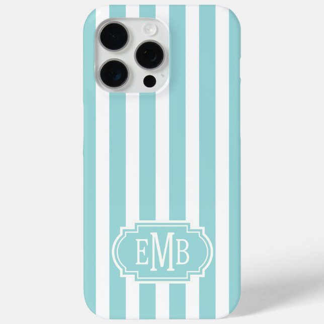 Aqua and White Monogrammed Stripes Case-Mate iPhone Case (Back)