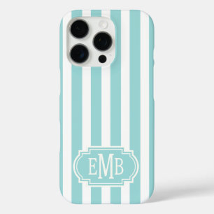 Aqua and White Monogrammed Stripes iPhone 16 Pro Case