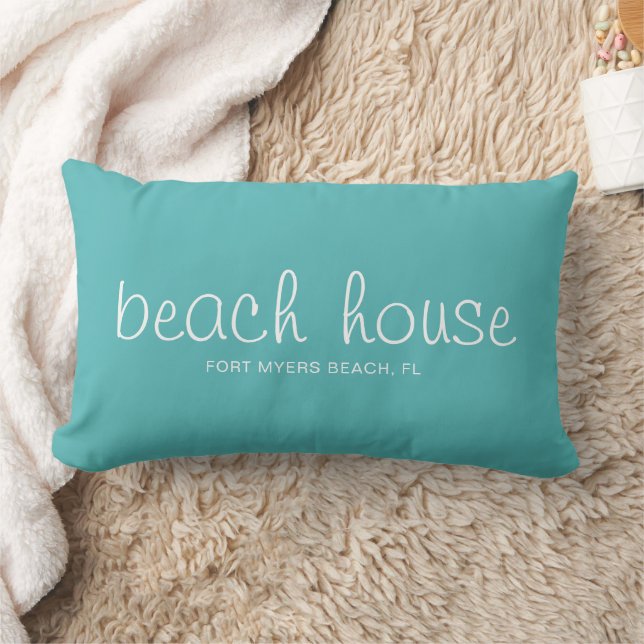 Aqua and White Nautical Beach House Custom Script Lumbar Cushion (Blanket)
