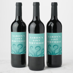 Aqua and White Octopus Tentacles Custom  Wine Label