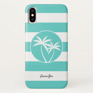 Aqua and White Palm Logo Stripes with Name iPhone X Case