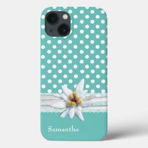 Aqua and White Polka Dots and Edelweiss iPhone 13 Case