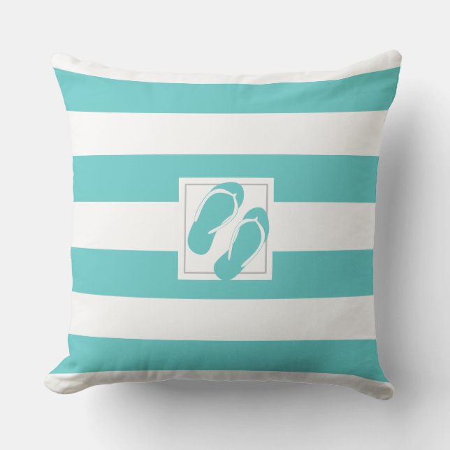 Aqua and White Pool side Stripe with Flipflops Cushion (Front)