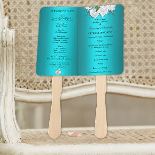 Aqua and White Roses Wedding Program Hand Fan